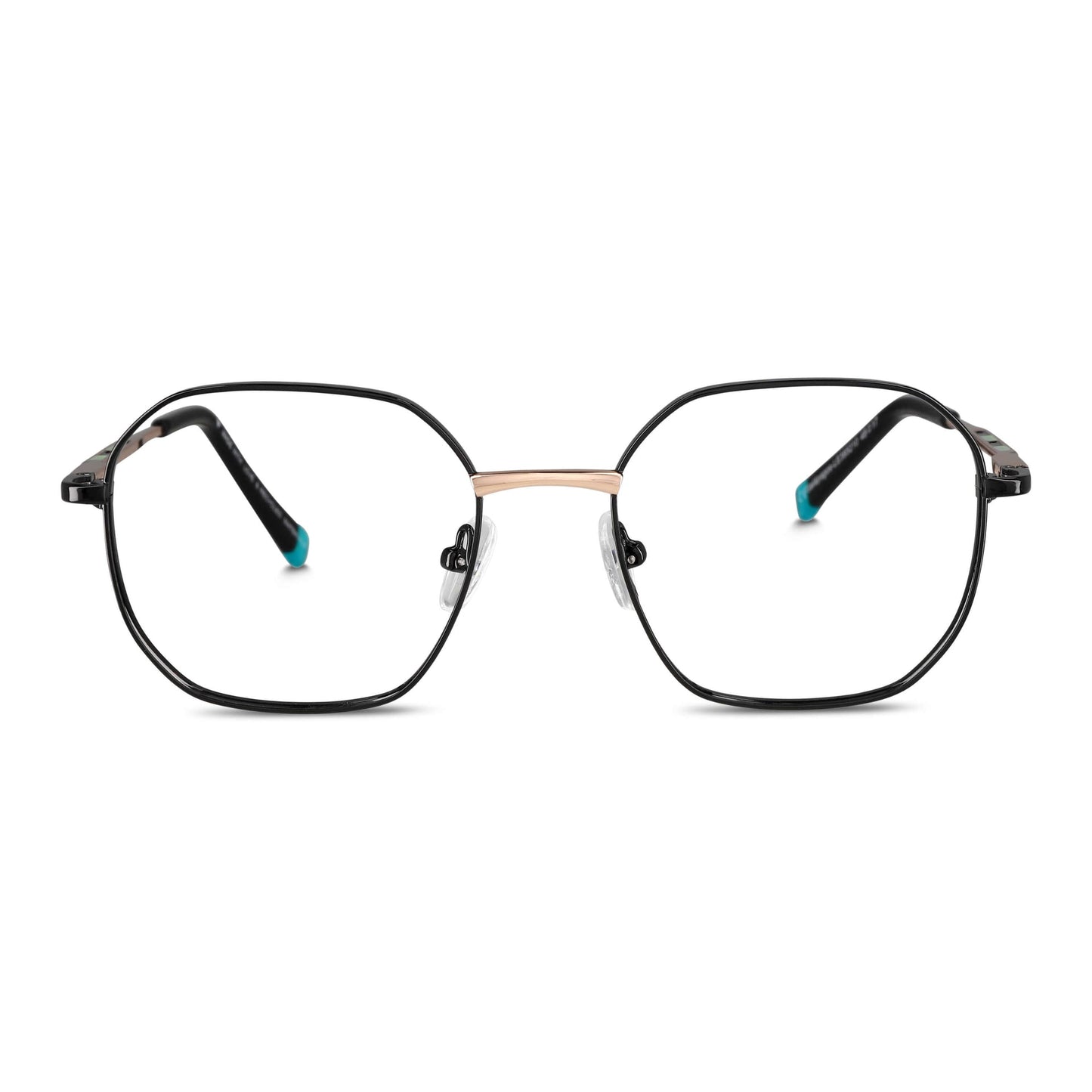 armazones opticos de color negro terminación matte de forma octagonal con puente metalico y varillas con terminación de color calipso en la punta. plaquetas de silicona vista angulada lateral. Anteojos que quedan bien en hombre y mujer cara redonda grande. Bonoboss distribuidor y mayorista de opticas de lentes sustentables#color_negro