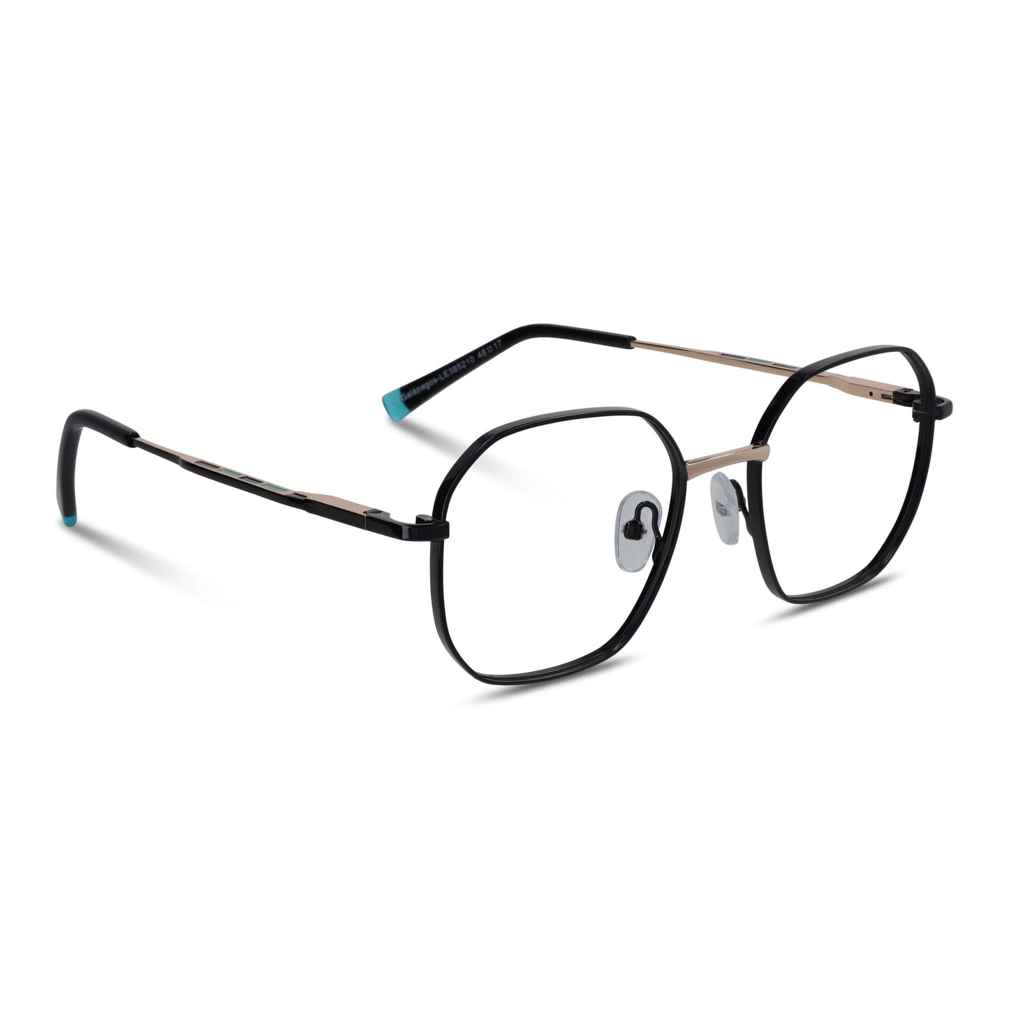 armazones opticos de color negro terminación matte de forma octagonal con puente metalico y varillas con terminación de color calipso en la punta. plaquetas de silicona vista angulada lateral. Anteojos que quedan bien en hombre y mujer cara redonda grande. Bonoboss distribuidor y mayorista de opticas de lentes sustentables#color_negro