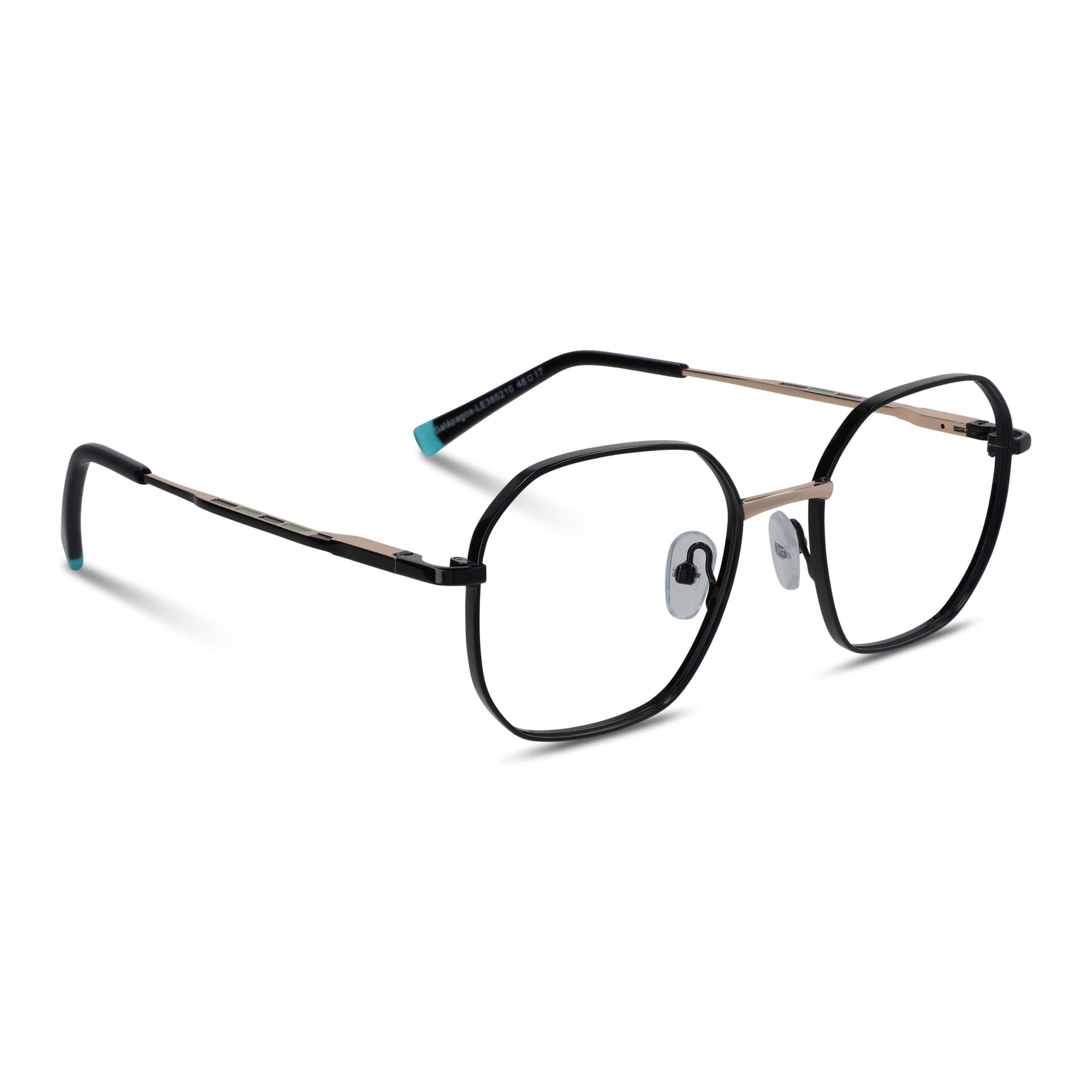 armazones opticos de color negro terminación matte de forma octagonal con puente metalico y varillas con terminación de color calipso en la punta. plaquetas de silicona vista angulada lateral. Anteojos que quedan bien en hombre y mujer cara redonda grande. Bonoboss distribuidor y mayorista de opticas de lentes sustentables#color_negro