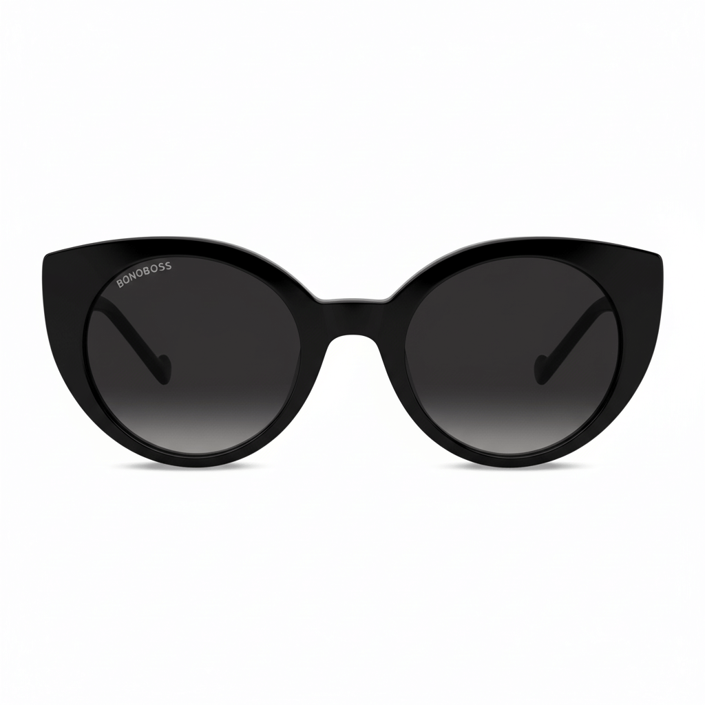 vista frontal de anteojos de sol gafa polarizada de forma agatada retro para hombre y mujer de cara redonda grande #color_negro