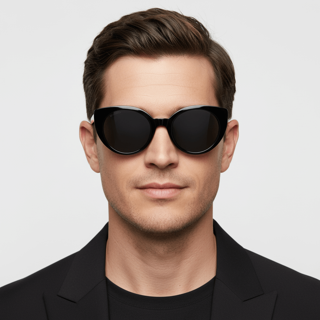 La front view a men peinado pelo castaño claro and barba sutil wearing eyeglasses agate pattern black formal bonoboss in side view #color_negro
