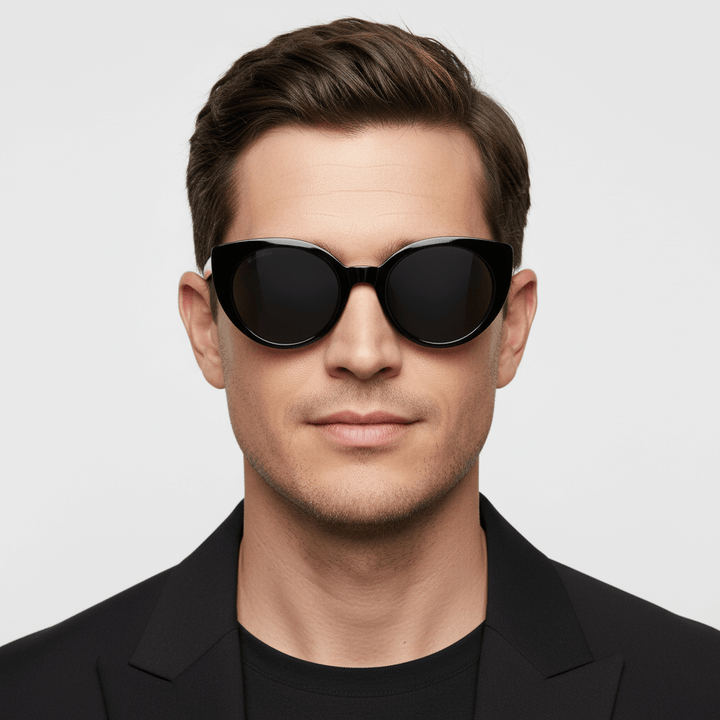 La front view a men peinado pelo castaño claro and barba sutil wearing eyeglasses agate pattern black formal bonoboss in side view #color_negro