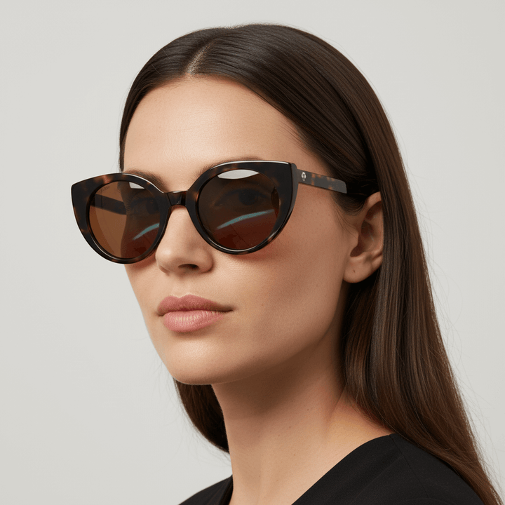 Una women in side view pelo liso castaño oscuro wearing eyeglasses sunglasses polarized agate pattern or cat eyes for men and women round face u ovalada large tortoise Bonoboss #color_carey
