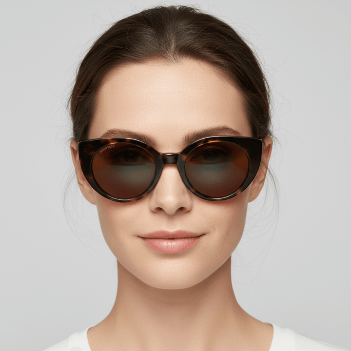 La front view a women wearing eyeglasses sunglasses polarized agate pattern or cat eyes for men and women round face u ovalada large tortoise Bonoboss #color_carey
