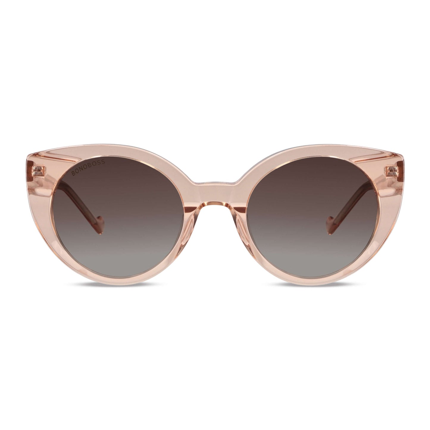 vista frontal de unos anteojos de sol gafas polarizadas de forma agatada retro grande   de color champagne rosado #color_champagne