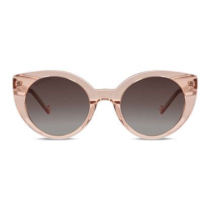 vista frontal de unos anteojos de sol gafas polarizadas de forma agatada retro grande   de color champagne rosado #color_champagne