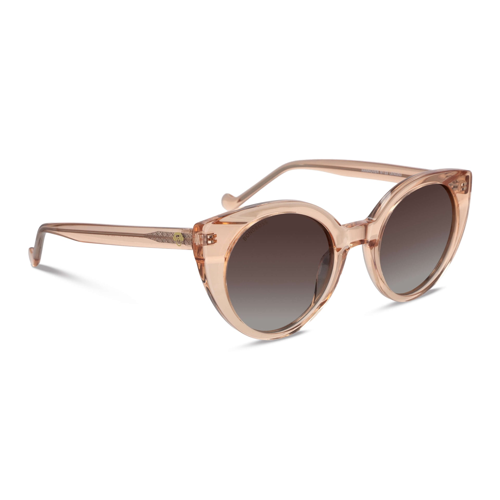vista lateral de unos anteojos de sol gafas polarizadas de forma agatada retro para mujer de cara redonda grande   de color champagne rosado #color_champagne