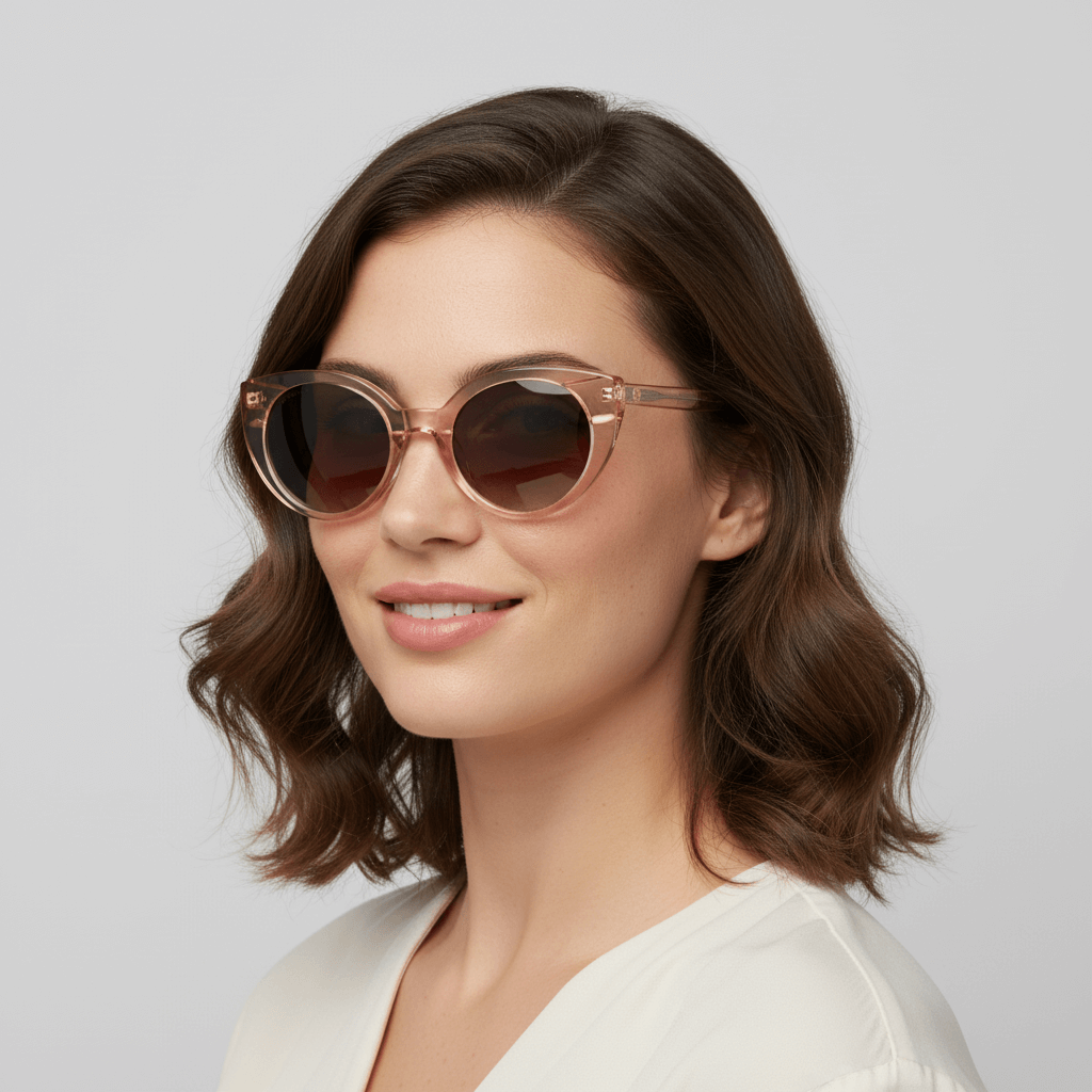 La side view a women pelo ondulado wearing unos sunglasses eyewear polarized forma agatada retro large color champagne pink Bonoboss #color_champagne