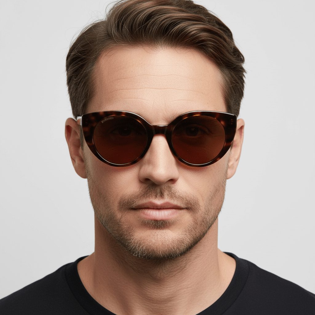 La front view a men peinado pelo castaño claro and barba sutil wearing eyeglasses agate pattern tortoise bonoboss in side view #color_carey