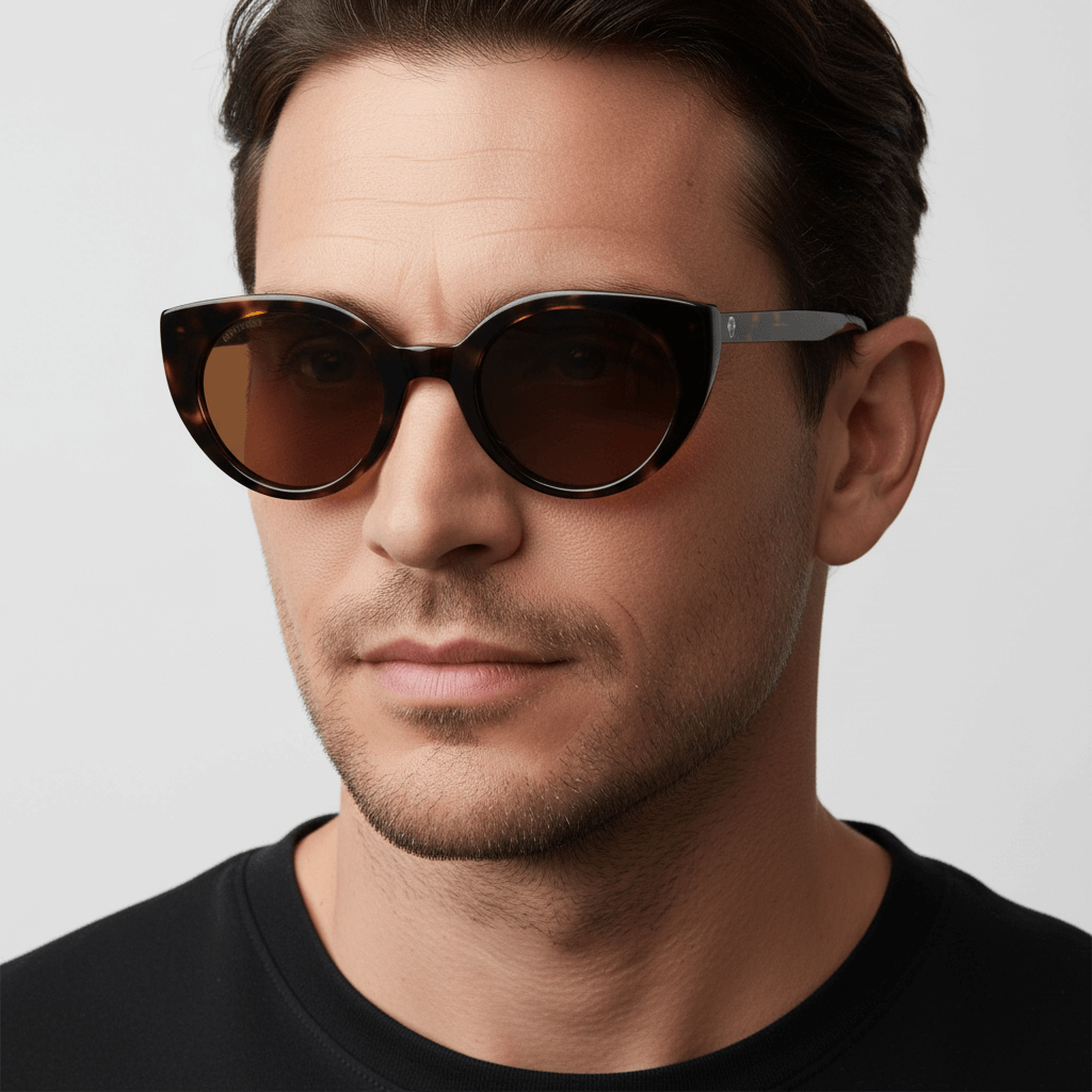 Un men wearing eyeglasses agate pattern tortoise bonoboss in side view #color_carey