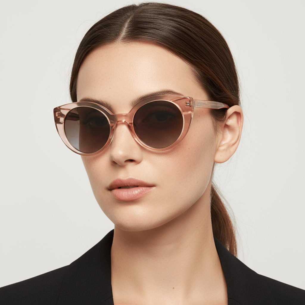 La side view a women pelo liso tomado wearing unos sunglasses eyewear polarized forma agatada retro large color champagne pink Bonoboss #color_champagne