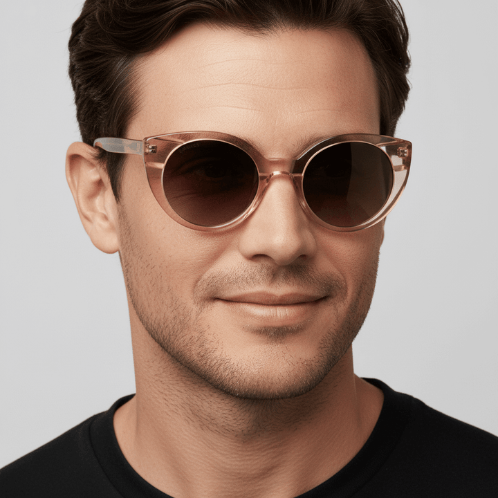 La side view a men peinado pelo castaño claro and barba sutil wearing eyeglasses agate pattern color champagne bonoboss in side view #color_champagne