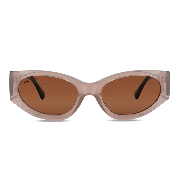Eyeglasses sunglasses agate pattern for women round face large polarized with or sin prescription optica front view with lenses brown oscuros color Bonoboss #color_peach