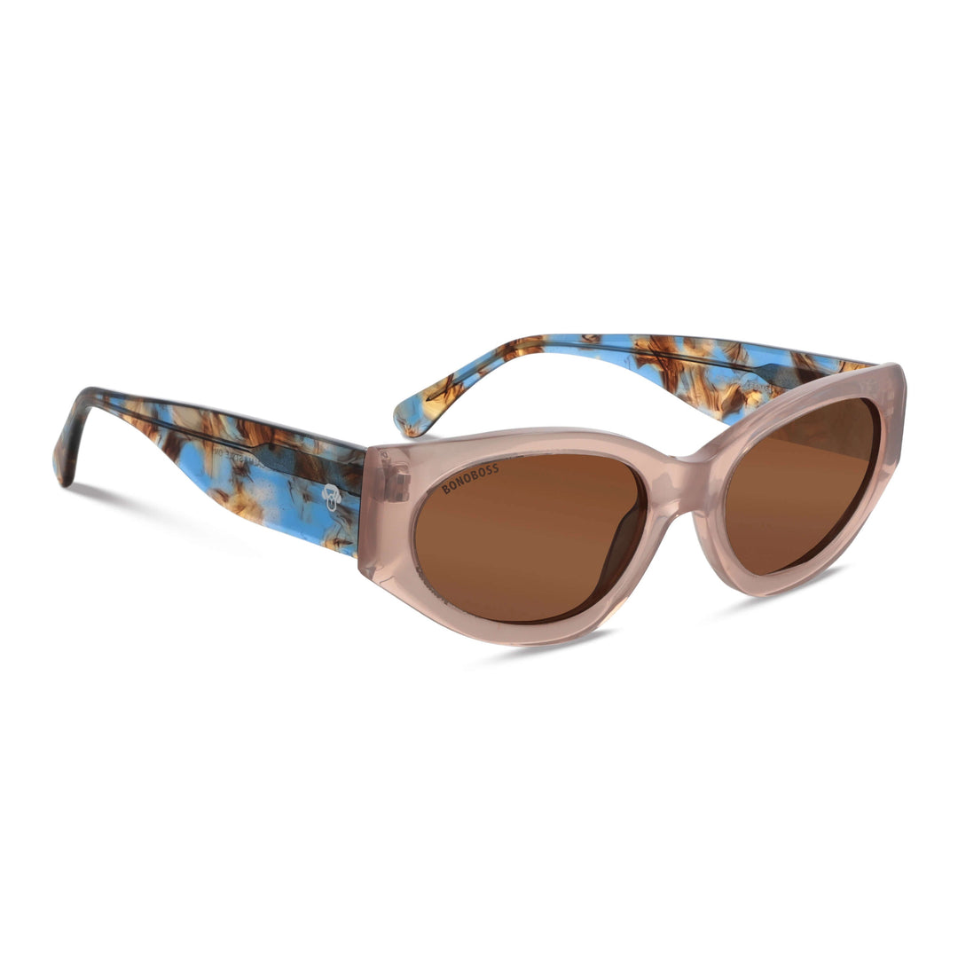 Eyeglasses sunglasses agate pattern for women round face large polarized with or sin prescription optica angled view with lenses brown oscuros color Bonoboss #color_peach