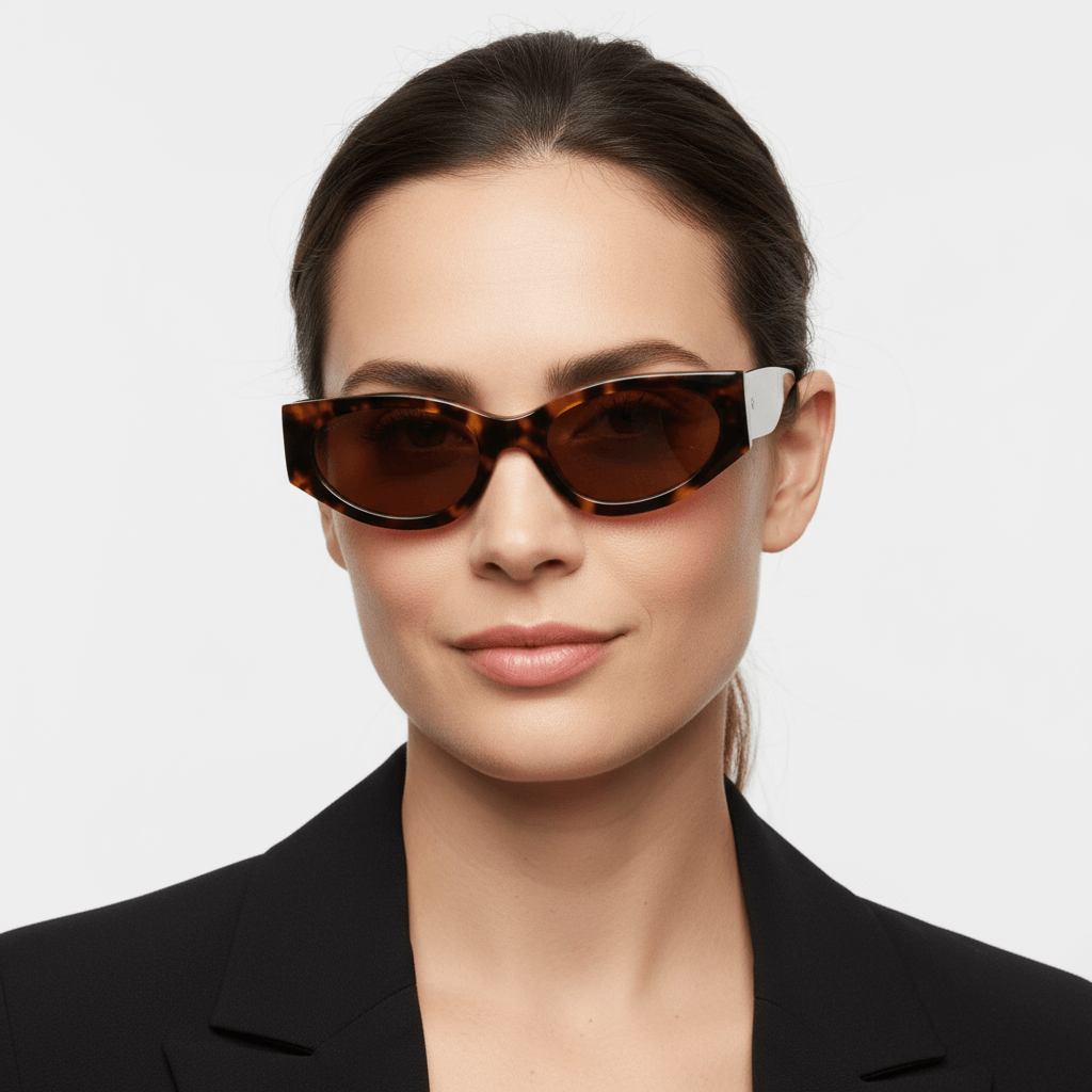 La vista lado a women cara ovalada with pelo liso tomado color castaño wearing unos sunglasses polarized bonoboss sustainables ecologicos in acetate recycled tortoise marble and lenses color café #color_carey
