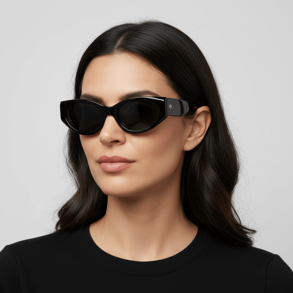 La side view a women round face with pelo ondulado suelto color castaño oscuro mirando hacia arriba in 45º wearing unos sunglasses polarized bonoboss sustainables ecologicos in acetate recycled black and lenses black prescription #color_negro