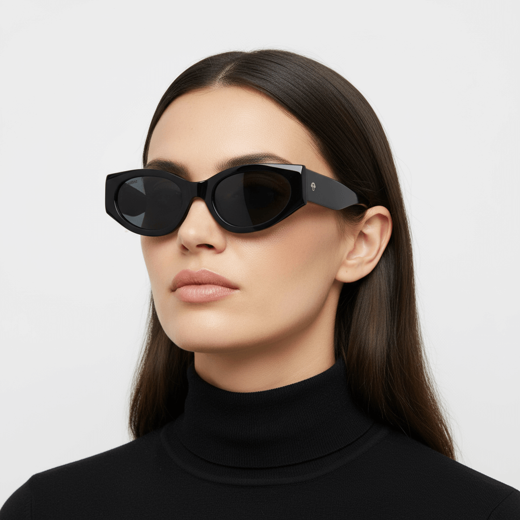 La side view a women round face with pelo liso suelto color castaño oscuro mirando hacia arriba in 45º wearing unos sunglasses polarized bonoboss sustainables ecologicos in acetate recycled black and lenses black prescription #color_negro