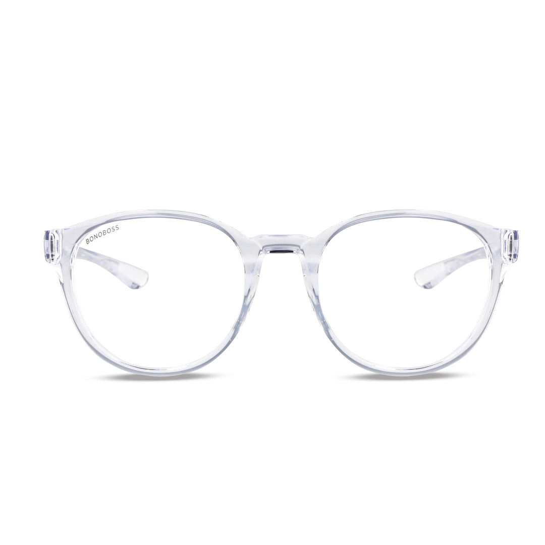 Eyeglasses optical eyewear with or sin prescription optica frames recycled plastic or sustainable acetate clear front view Bonoboss #color_transparente