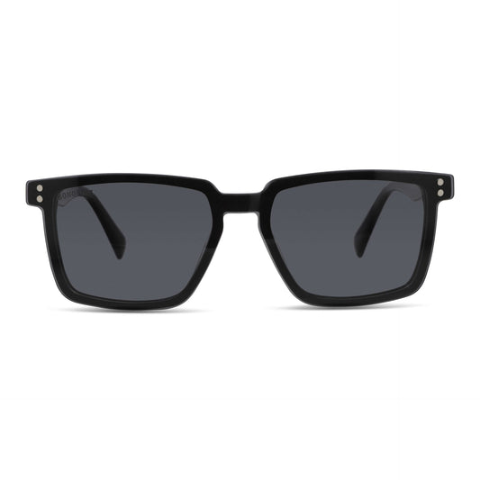 armazones opticos con clip de sol polarizado rectangulares marco optico acetato sustentable biodegradable para hombre y mujer de cara redonda grande vista frontal de color #color_negro