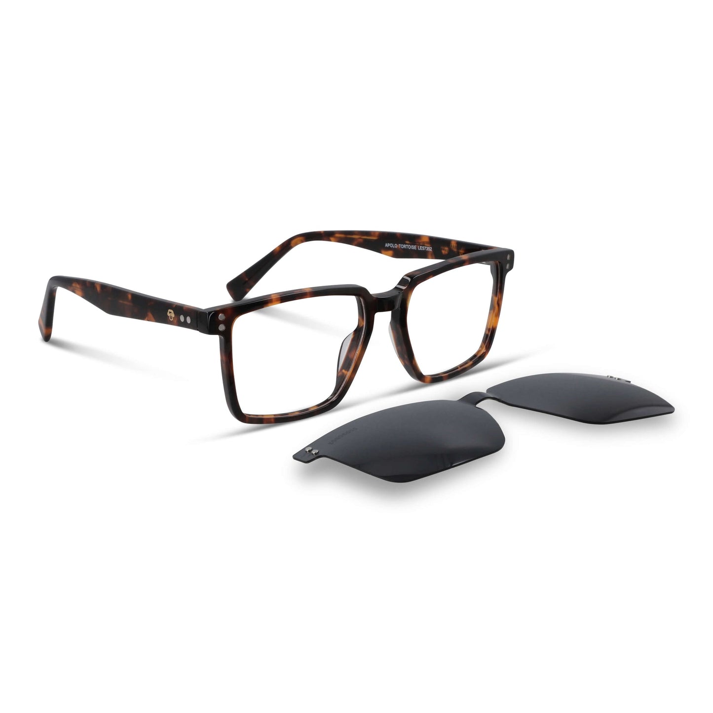 armazones opticos con clip de sol polarizado rectangulares marco optico acetato sustentable biodegradable para hombre y mujer de cara redonda grande vista angulada de color #color_carey