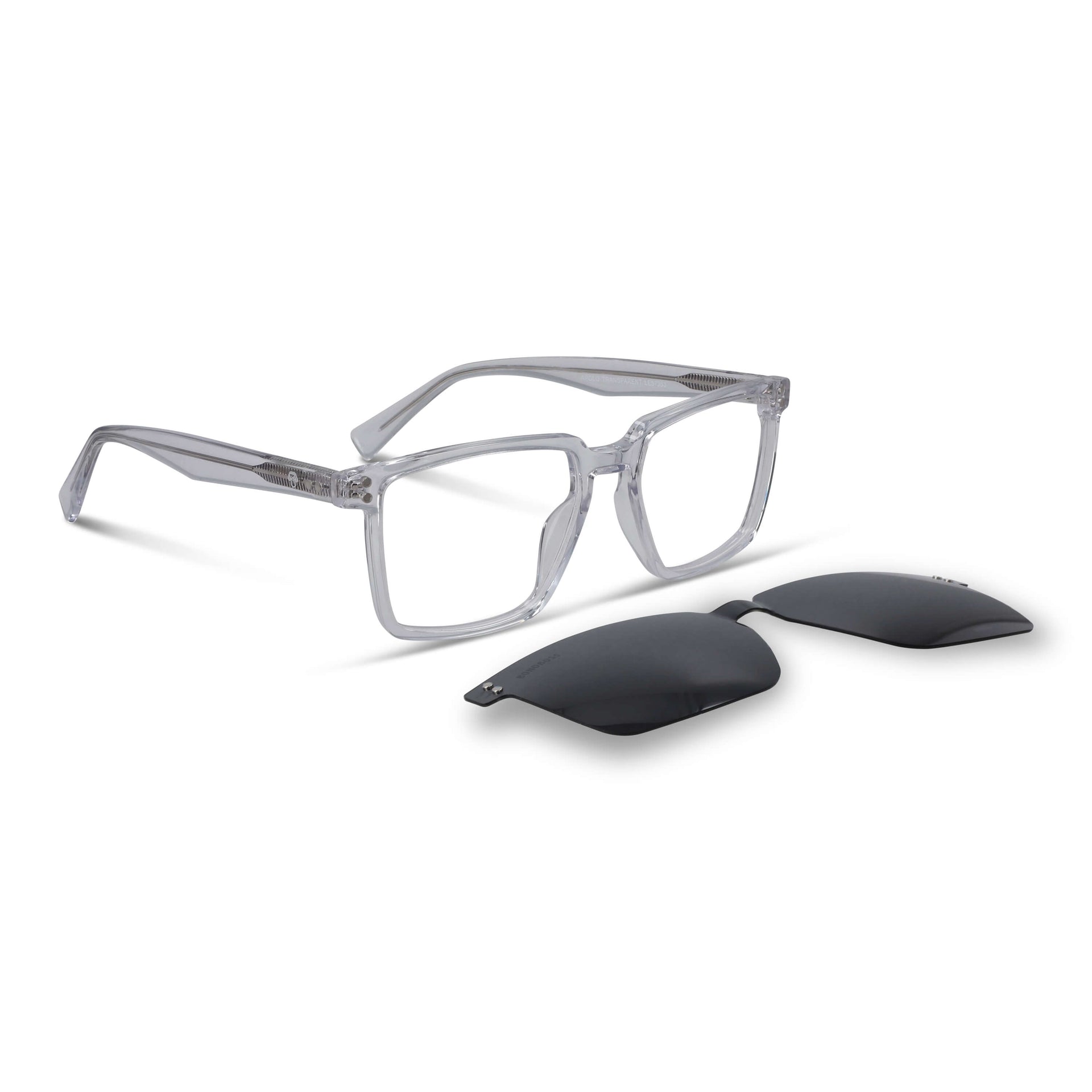 armazones opticos con clip de sol polarizado rectangulares marco optico acetato sustentable biodegradable para hombre y mujer de cara redonda grande vista angulada de color #color_transparente
