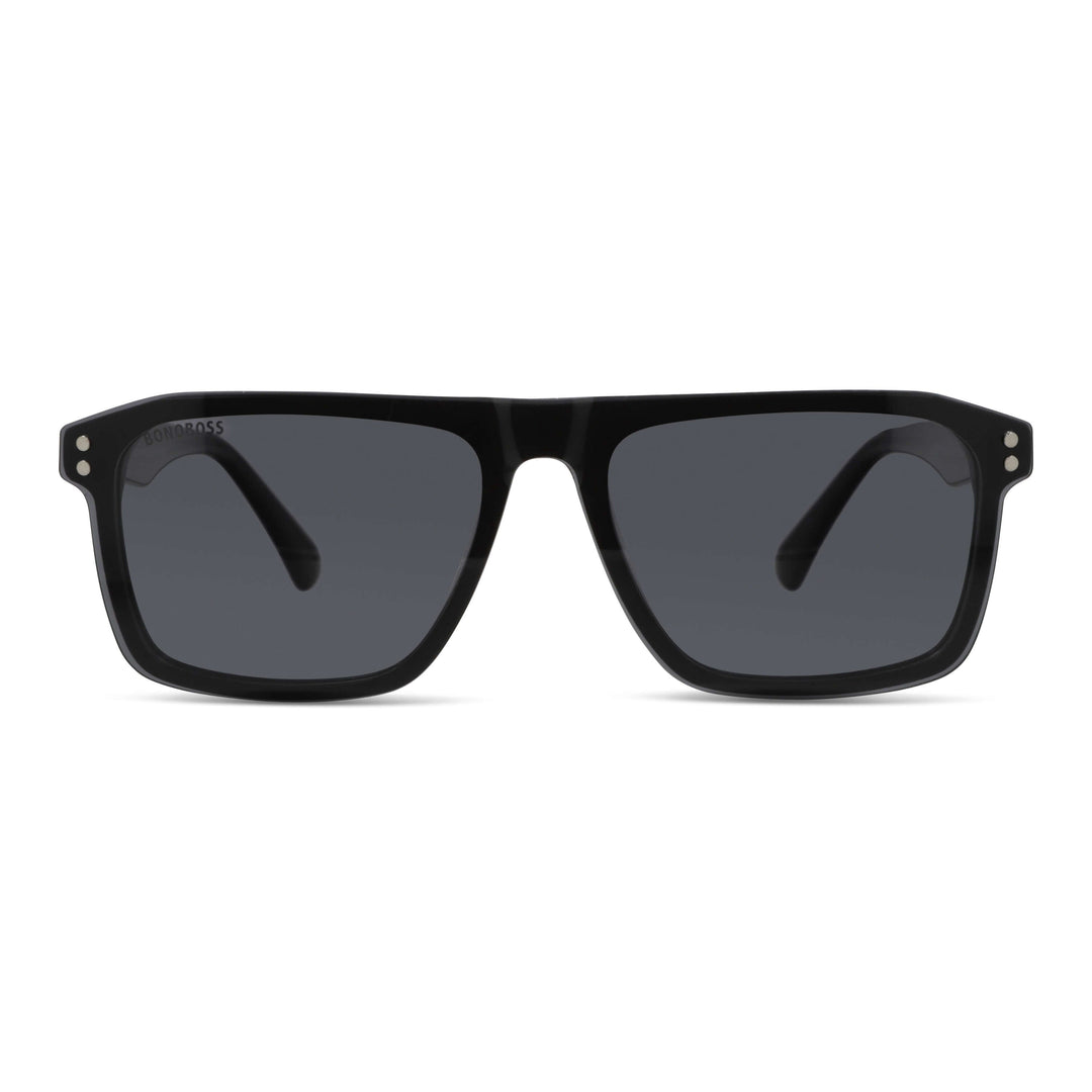 Eyeglasses frames optical frames with sun clip-on polarized rectangular larges in sustainable acetate biodegradable a front view of the color Bonoboss #color_negro