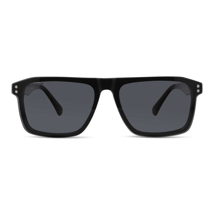 Eyeglasses frames optical frames with sun clip-on polarized rectangular larges in sustainable acetate biodegradable a front view of the color Bonoboss #color_negro