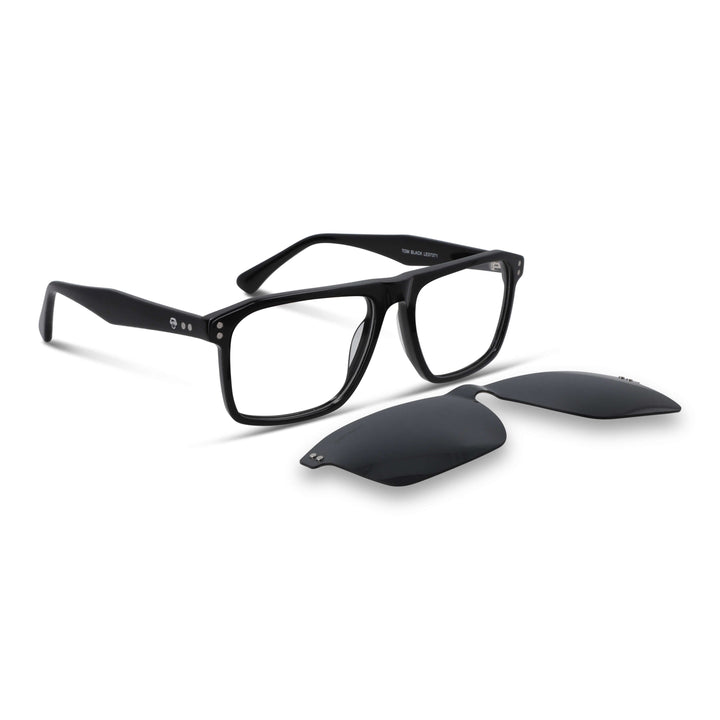 Eyeglasses frames optical frames with sun clip-on polarized rectangular larges in sustainable acetate biodegradable a angled view of the color Bonoboss #color_negro
