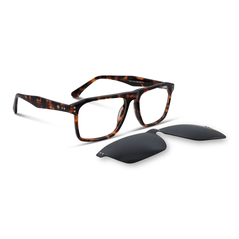 Eyeglasses frames optical frames with sun clip-on polarized rectangular larges in sustainable acetate biodegradable a angled view of the color Bonoboss #color_carey