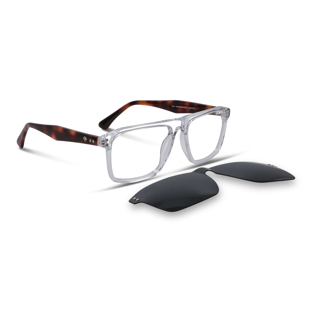 Eyeglasses frames optical frames with sun clip-on polarized rectangular larges in sustainable acetate biodegradable a angled view of the color Bonoboss #color_transparente
