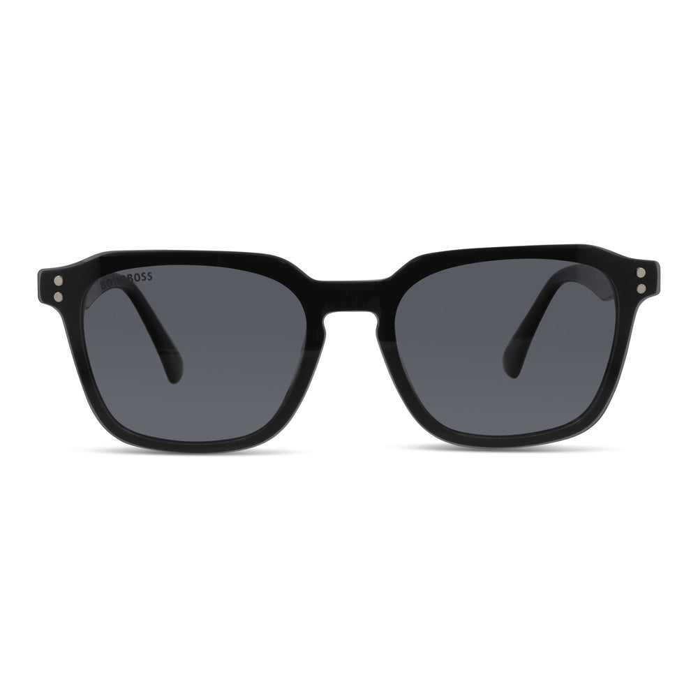 Frame optical with sun clip-on polarized geometrico optical frame sustainable acetate biodegradable for men and women cara ovalada large front view color Bonoboss #color_negro