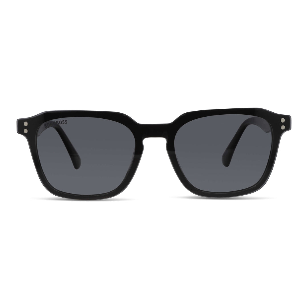 Frame optical with sun clip-on polarized geometrico optical frame sustainable acetate biodegradable for men and women cara ovalada large front view color Bonoboss #color_negro