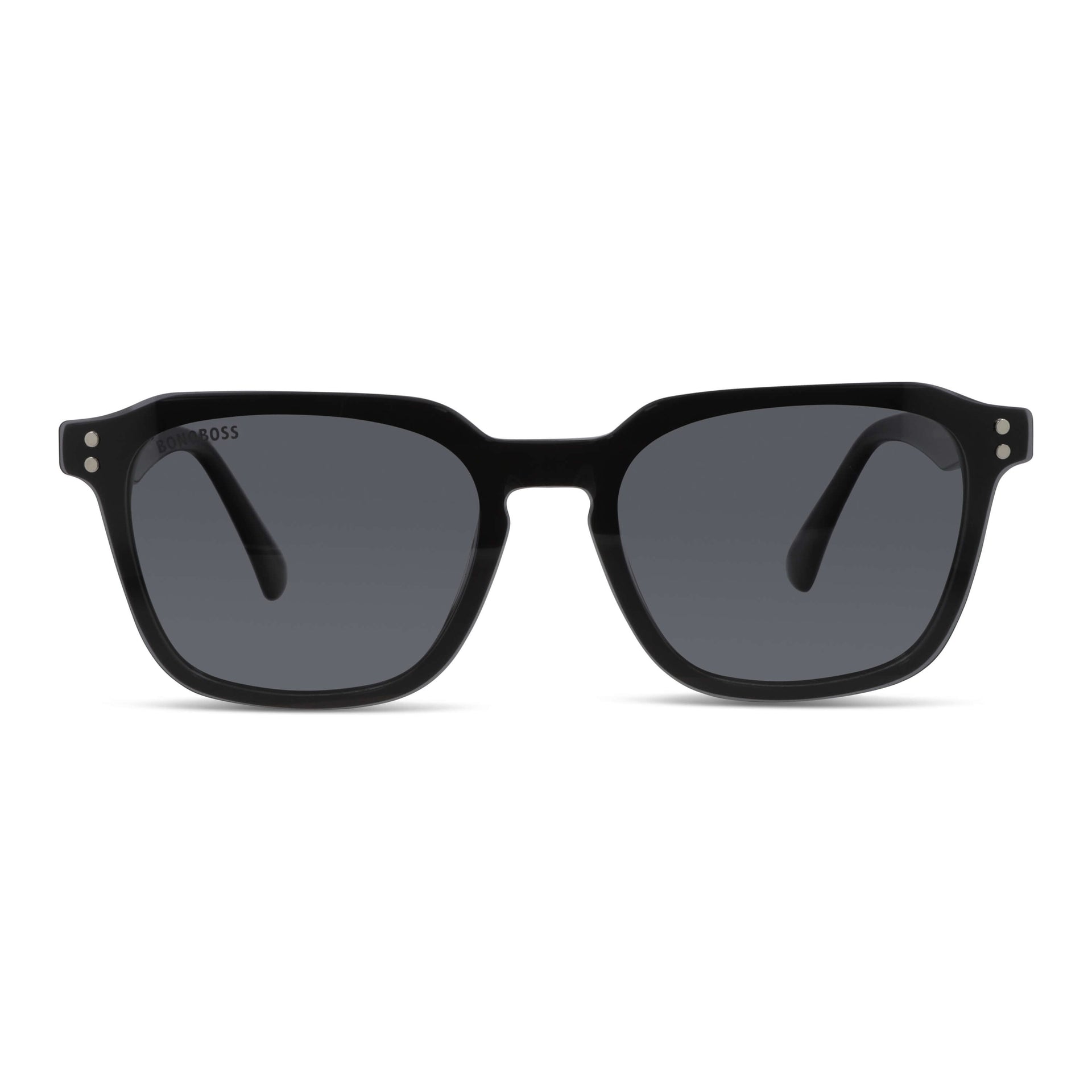 armazón óptico con clip de sol polarizado geometrico marco optico acetato sustentable biodegradable para hombre y mujer de cara ovalada grande vista frontal de color #color_negro