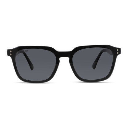 armazón óptico con clip de sol polarizado geometrico marco optico acetato sustentable biodegradable para hombre y mujer de cara ovalada grande vista frontal de color #color_negro