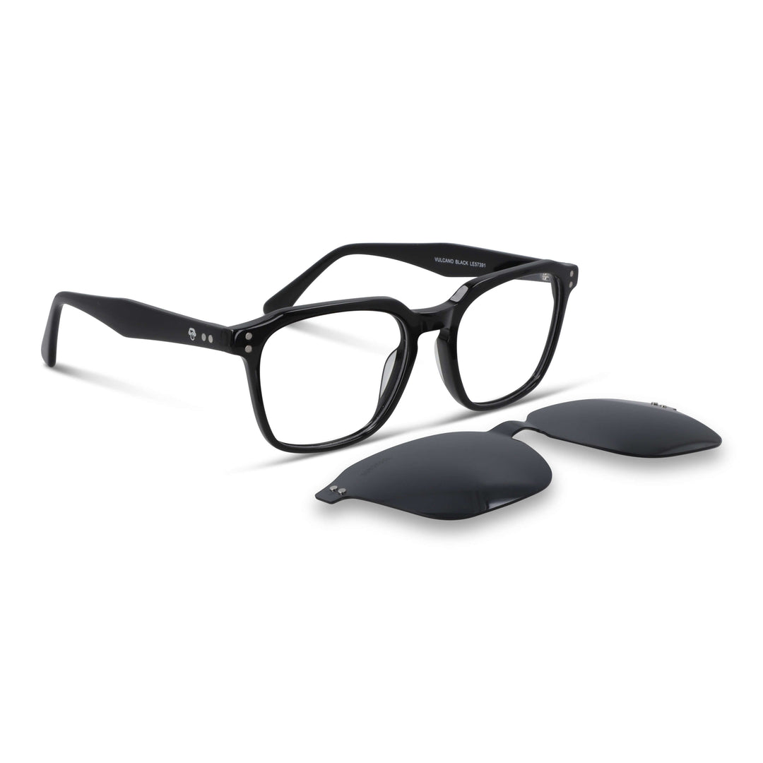Frame optical with sun clip-on polarized geometrico optical frame sustainable acetate biodegradable for men and women cara ovalada large angled view color Bonoboss #color_negro