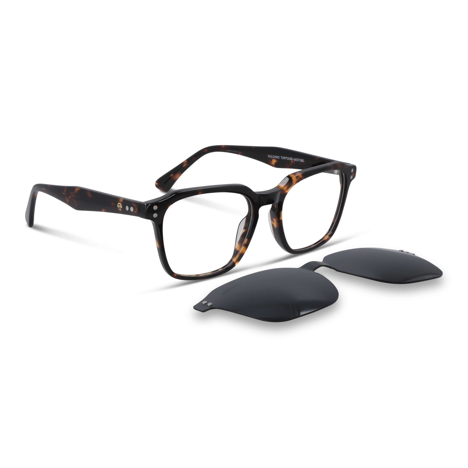 armazón óptico con clip de sol polarizado geometrico marco optico acetato sustentable biodegradable para hombre y mujer de cara ovalada grande vista angulada de color #color_carey
