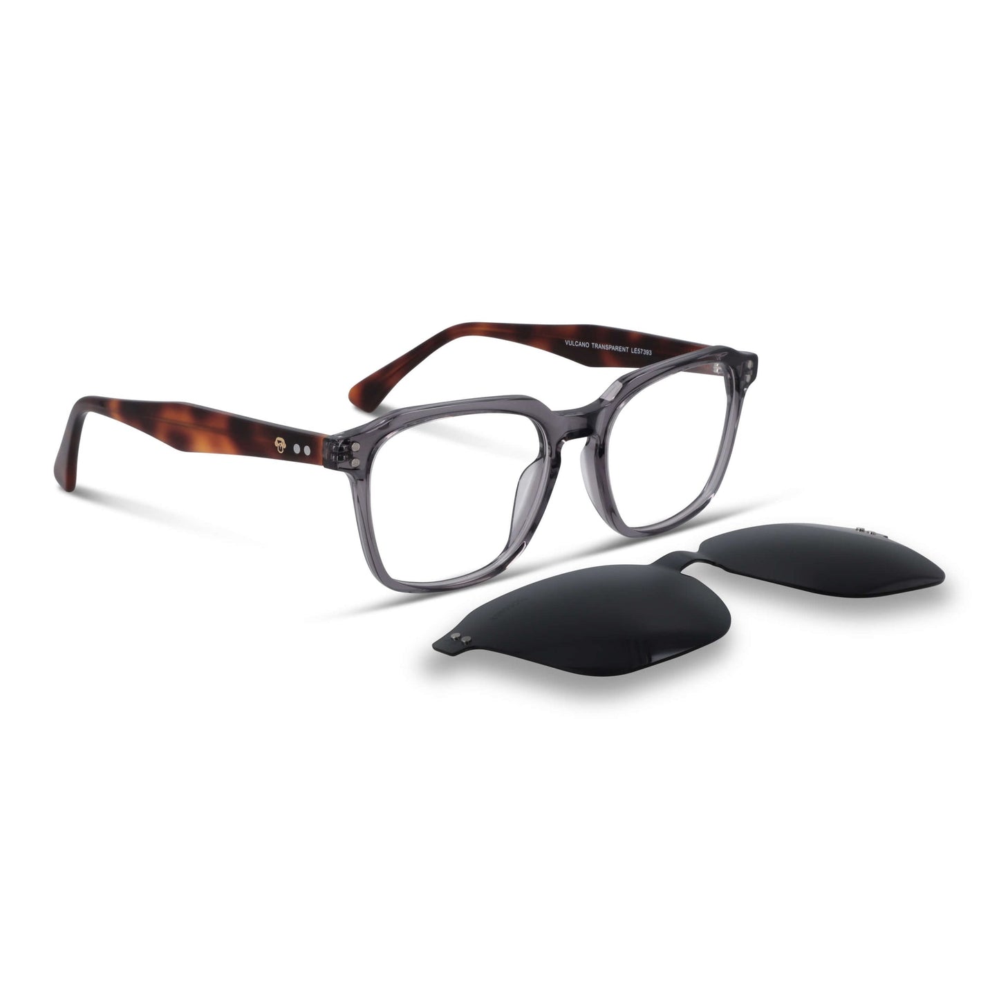 armazón óptico con clip de sol polarizado geometrico marco optico acetato sustentable biodegradable para hombre y mujer de cara ovalada grande vista angulada de color #color_transparente