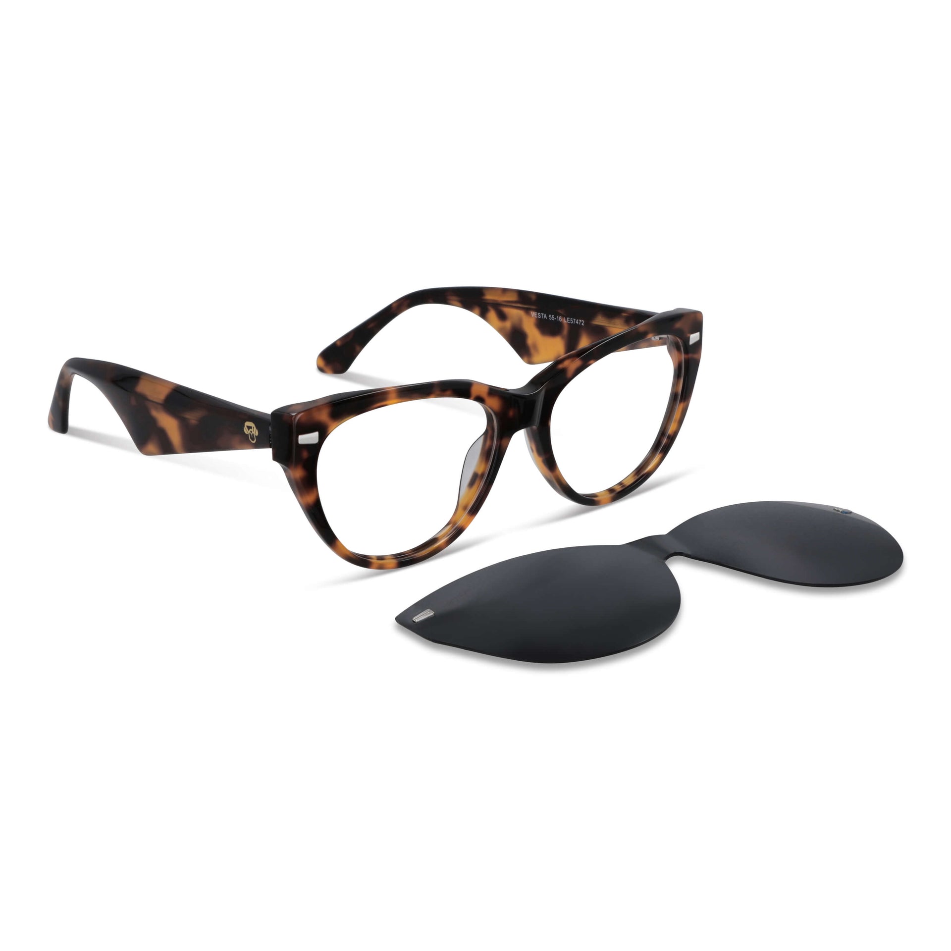 anteojos gafas opticas lentes armazones clip sol polarizado plastico acetato sustentable reciclado con receta moda hombre mujer vista angulada marcos opticos para mujer de cara redonda grande con clip de sol polarizado #color_carey