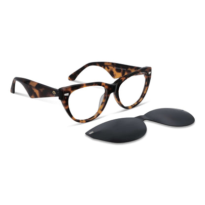 anteojos gafas opticas lentes armazones clip sol polarizado plastico acetato sustentable reciclado con receta moda hombre mujer vista angulada marcos opticos para mujer de cara redonda grande con clip de sol polarizado #color_carey