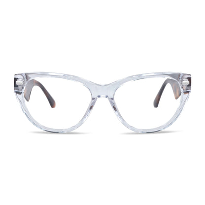 anteojos gafas opticas lentes armazones clip sol polarizado plastico acetato sustentable reciclado con receta moda hombre mujer vista frontal marcos opticos para mujer de cara redonda grande con clip de sol polarizado #color_transparente-carey