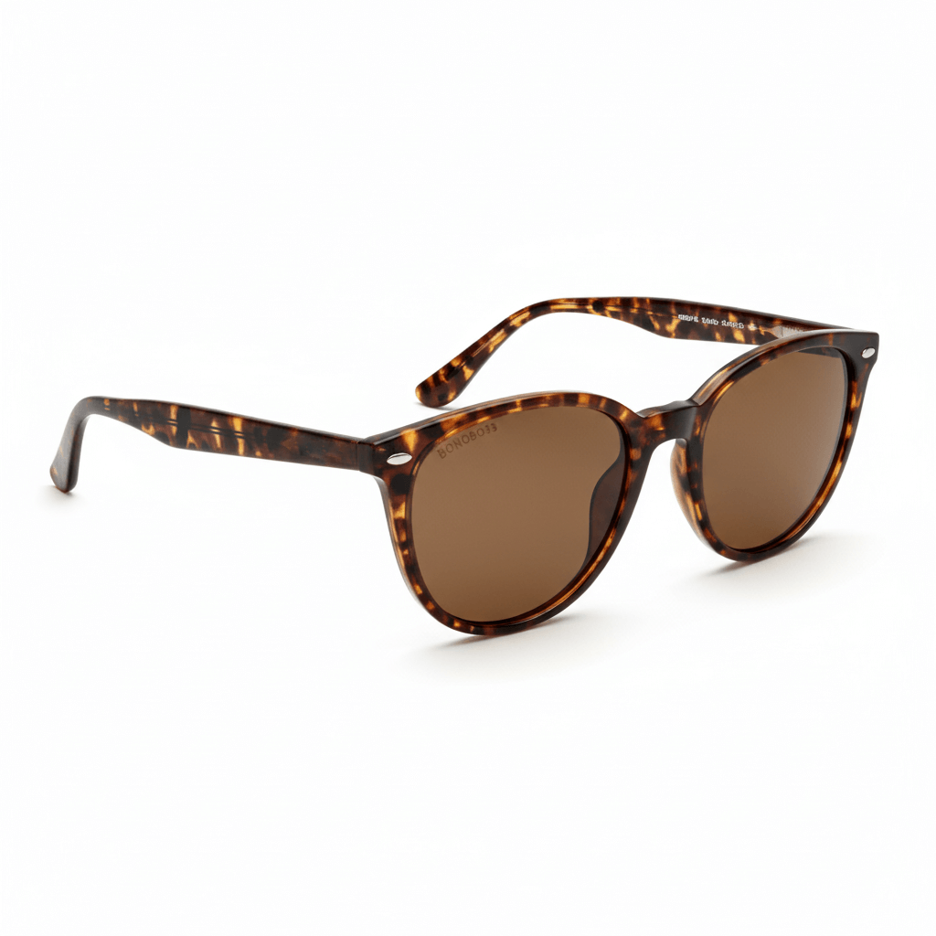 la vista angulada de unas gafas anteojos de sol polarizados de color carey con lentes de color cafe . Estos lentes quedan bien en mujeres y hombres de cara redonda #color_carey