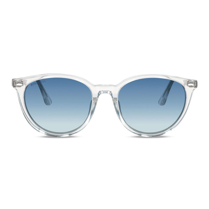Front view eyewear sunglasses polarized clears with color lenses gradient blue. estos lenses quedan bien in womenes and mens round face Bonoboss #color_transparente