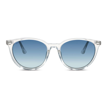 vista frontal de gafas anteojos de sol polarizados de color transparentes con lentes de color degradé azul. Estos lentes quedan bien en mujeres y hombres de cara redonda #color_transparente