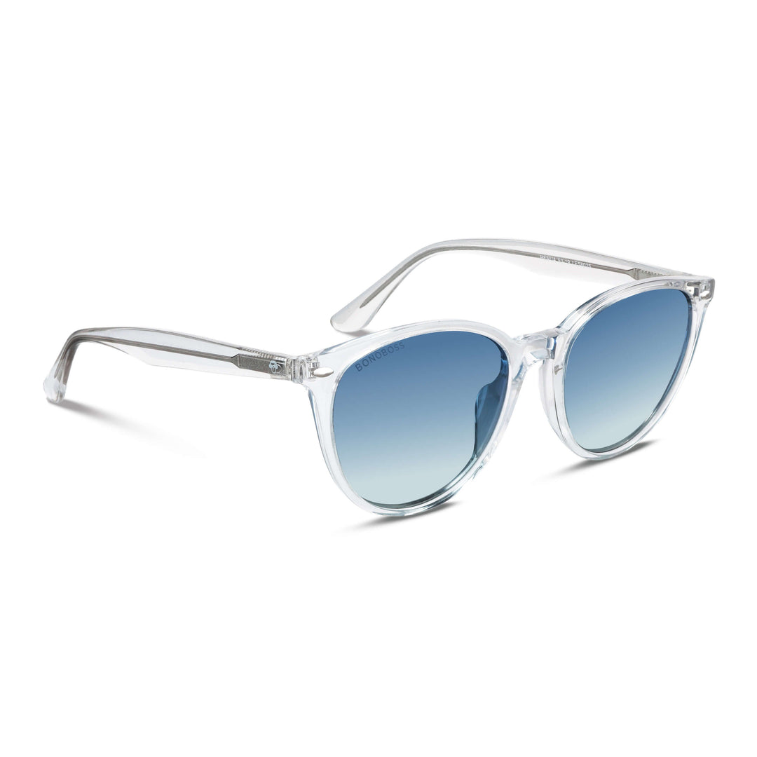 Angled view eyewear sunglasses polarized clears with color lenses gradient blue. estos lenses quedan bien in womenes and mens round face Bonoboss #color_transparente