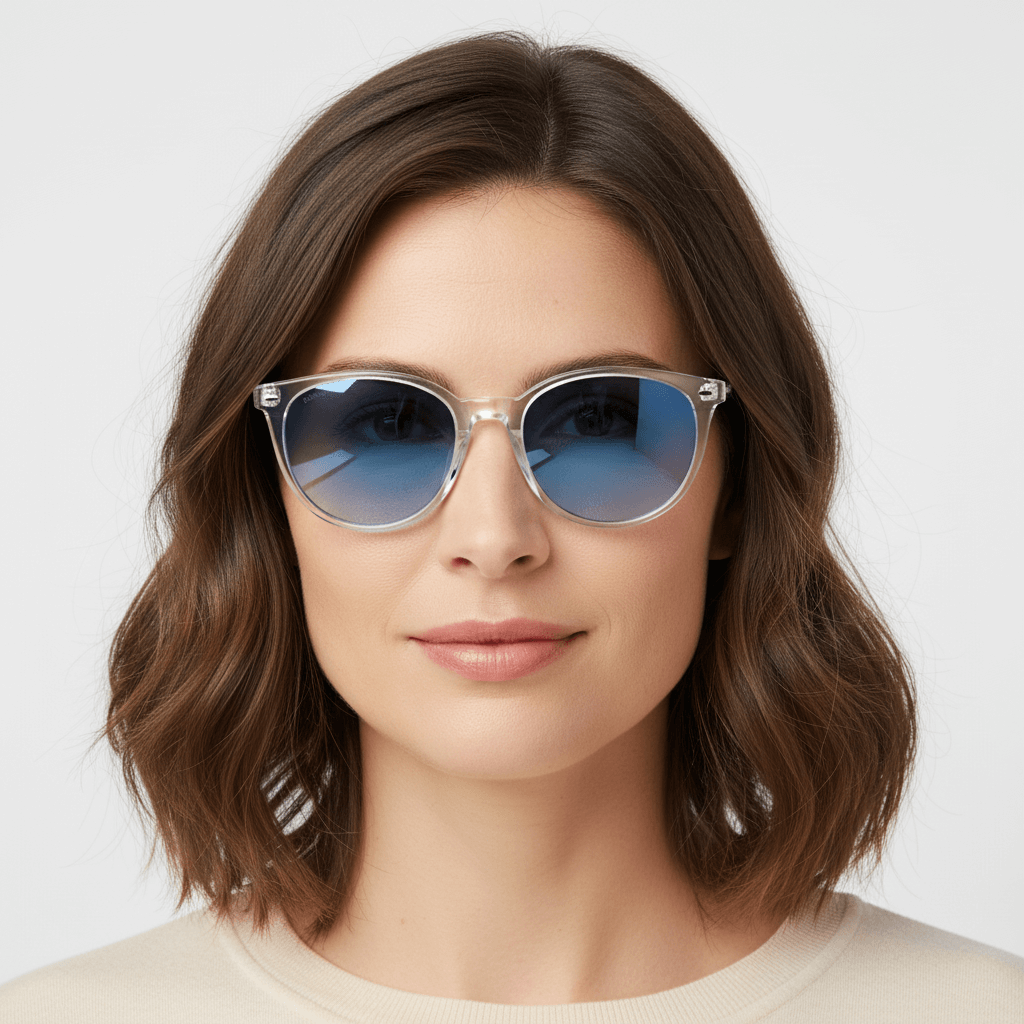 La front view a women with eyewear sunglasses polarized clears with color lenses gradient blue. estos lenses quedan bien in womenes and mens round face Bonoboss #color_transparente