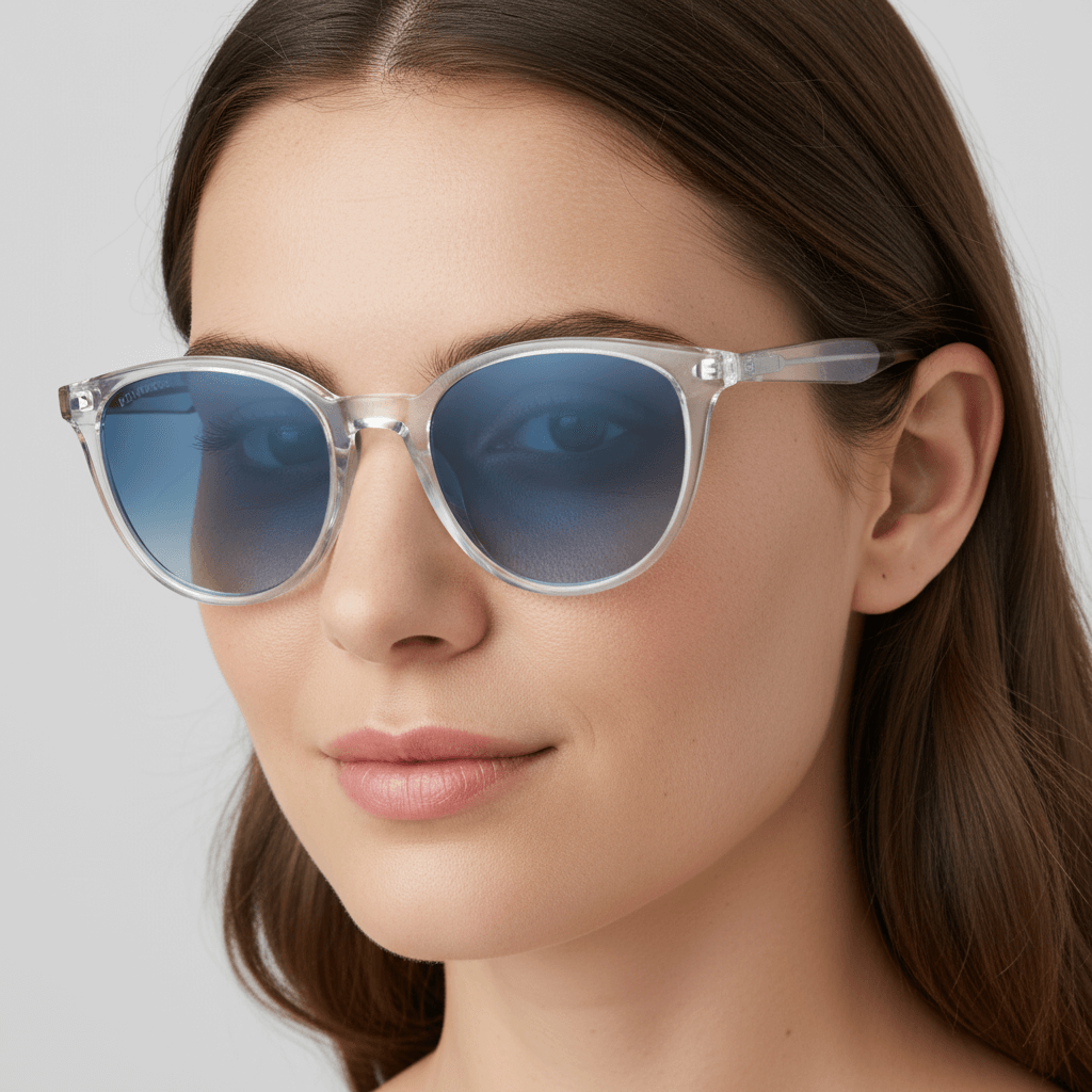 la vista lateral de una mujer con gafas anteojos de sol polarizados de color transparentes con lentes de color degradé azul. Estos lentes quedan bien en mujeres y hombres de cara redonda #color_transparente
