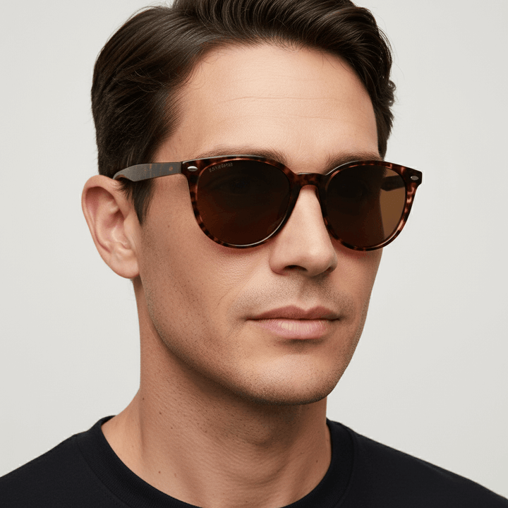 La front view a homre wearing eyewear sunglasses polarized tortoise with color lenses brown . estos lenses quedan bien in womenes and mens round face Bonoboss #color_carey