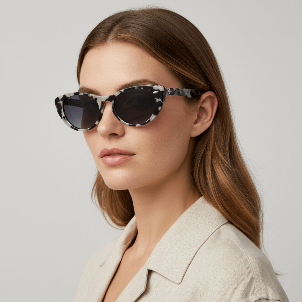 la vista lateral de una mujer ejecutiva con el pelo suelto color castaño claro usando anteojos de sol polarizados de color tipo marmoleado bonoboss en acetato sustentable #color_marble