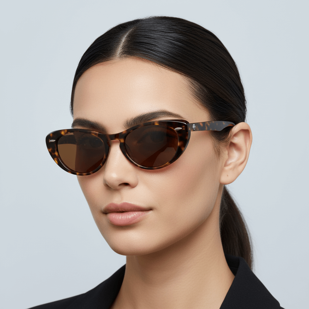 La side view a women wearing unos sunglasses polarized bonoboss tortoise with lenses brown with puntos metalicos in the costados forma agatada and with a puente for a nariz ancha #color_carey