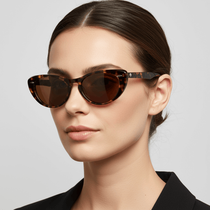 la vista lateral de una mujer con el pelo tomado ejecutiva usando anteojos de sol polarizados bonoboss de color carey con lentes cafe con puntos metalicos en los costados de forma agatada y con un puente para una nariz ancha #color_carey